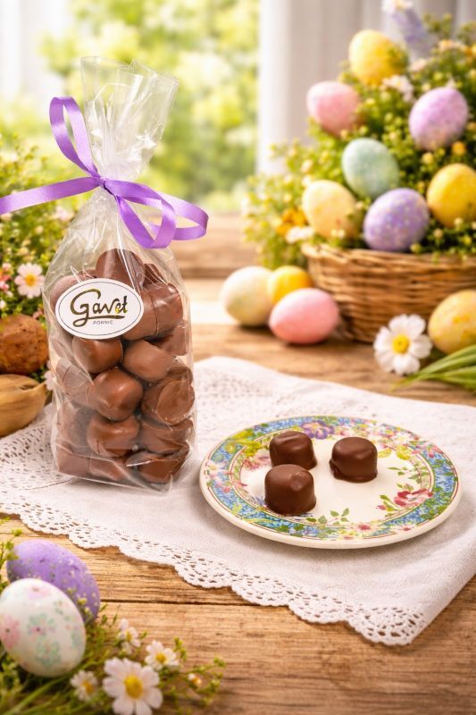 Chocolats de Pâques sur assiette décorative : guimauve parfumée cassis et passion enrobée d'un chocolat lait